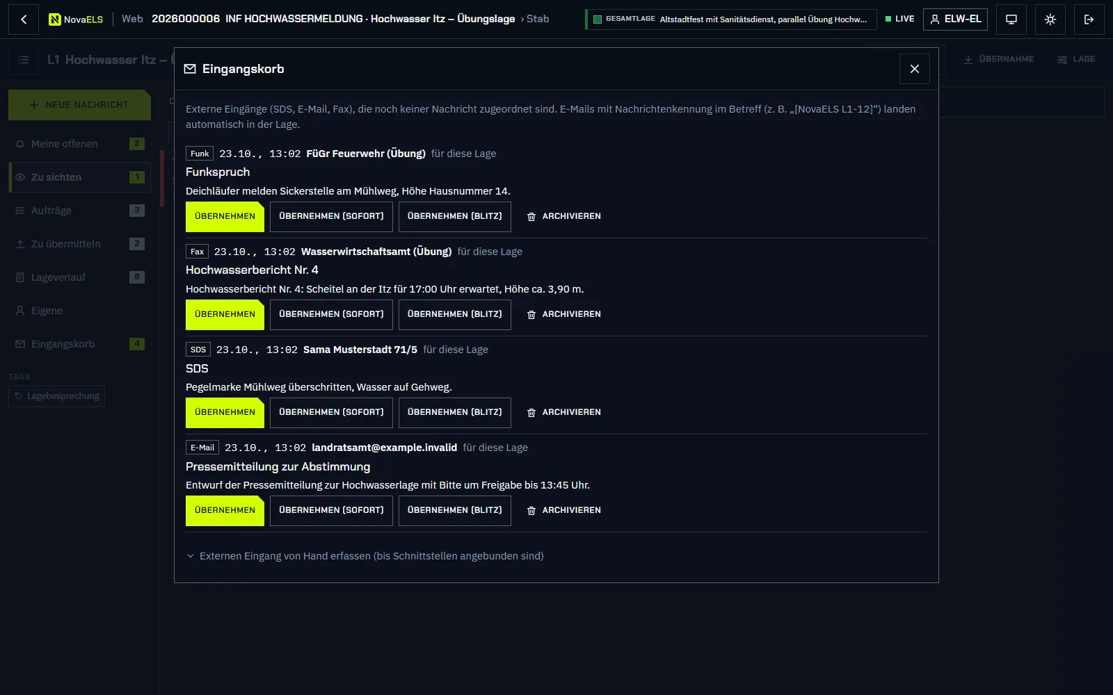 Eingangskorb und Lageübersicht der Stabsarbeit in NovaELS